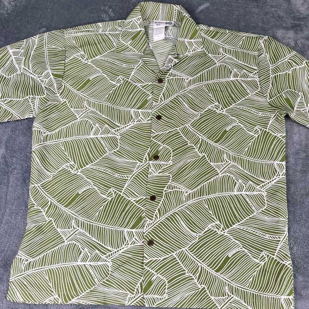 Makani Hawaii Aloha Shirt Men’s Large Green Leaf Print Microfiber Excellent